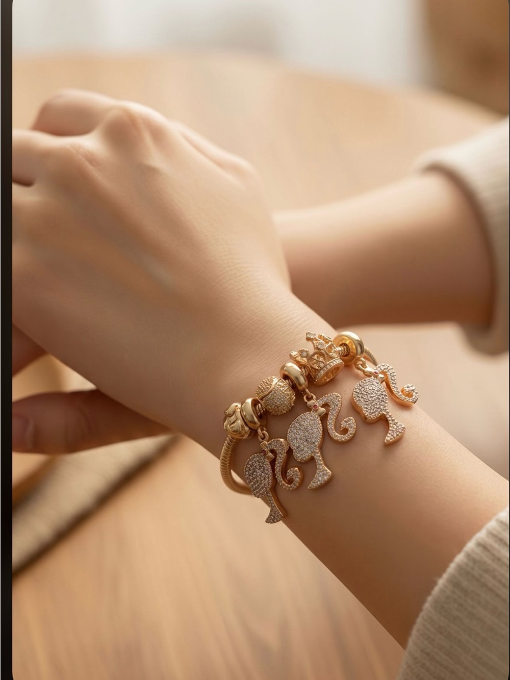 Gold Barbie Charm Bracelet with Pavé Crystals - Women Jewelry
